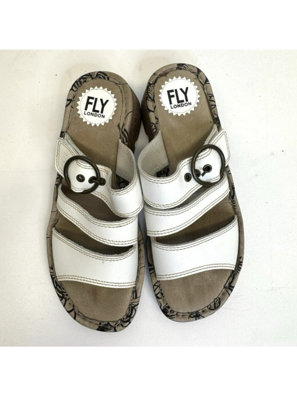 Fly London Theafly White Sandals Shoes Womens EU 39 US 8 Slip On Buckle Leather - Picture 2 of 8